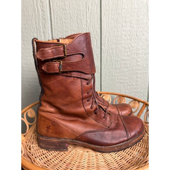Frye Women's Size 8B Brown Leather Lace Up Cap Toe Military Combat Boot - Picture 3 of 8